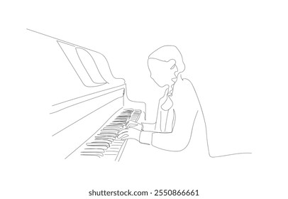 Músico conceptual realiza concierto, compositor compone música.  Una línea dibujando músico tocando el Vector de piano. Jazz, clásico con una inscripción, letras, escrito a mano. 
 Vector hecho a mano, no IA.