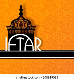  Concept for Muslim community holy month Ramadan Kareem with intricate lamp and text Iftar on abstract orange background.