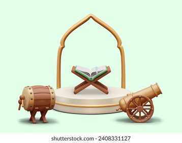 Concept of Muslim holiday on colored background. Poster with realistic elements. Arabic architectural arch, Koran on book stand, cannon, drum. Signal for believers