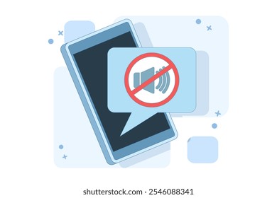 Conceito de sinal de modo mudo para telefone celular, nenhum sinal de som, volume plano de desenho animado desligado para smartphone, símbolo de zona silenciosa de telefone celular. Ilustração isolada de vetor plano.