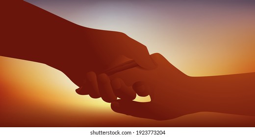 Concept Of Mutual Aid And Fraternity With Two Hands Reaching Out To Each Other For Help.