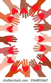 The concept of mutual help, friendship, support, good attitude and love, the image of hands holding out their hearts to each other on a white background. Volunteers holding hearts in their hands.