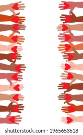 The concept of mutual help, friendship, support, good attitude and love, the image of hands holding out their hearts to each other on a white background. Volunteers holding hearts in their hands.
