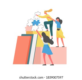 Concept of mutual partnership or teamwork between partners or coworkers. Team of women help each other to climb career ladder. Flat vector illustration of supporting characters isolated on white