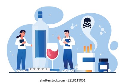 Concept of narcologist. Man and woman will taste alcohol and cigarettes. Fighting addictions and bad habits, taking care of health. Medical poster or banner. Cartoon flat vector illustration