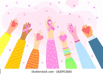 Concept of National Breast Cancer Awareness Month. Women. Hands hold pink ribbon and hearts. Vector illustration.