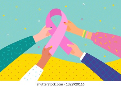 Concept of National Breast Cancer Awareness Month. Women. Hands hold pink ribbon symbol of Breast Cancer Awareness. Vector illustration.