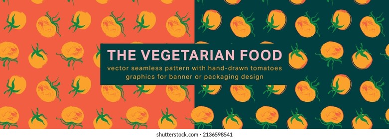 Concept of Natural food growing. Vector banner template. Seamless red tomatoes pattern. Restaurant flyer, rural poster, sign. Rustic farmers market banner. Tomato label. Organic product packaging.