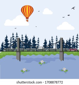 Concepto de área forestal natural, recorrido del puente ferroviario y aerostático plano vectorial ilustración. Transporte por país de viaje, agua limpia del lago. Viaje a la reserva boscosa de la nación europea y escaso crecimiento.