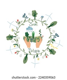 El concepto de conservación y ecología de la naturaleza. La naturaleza como fuente de energía para el hombre. Planeta tierra en manos del hombre. Planeta verde, Día de la Tierra. Adecuado para afiches sociales, tarjetas, logos, banner