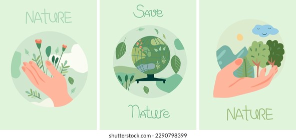 The concept of nature conservation and ecology. Nature as a source of energy for man. Planet earth in the hands of man. Green planet, earth day. Suitable for social posters, cards, logos, banner