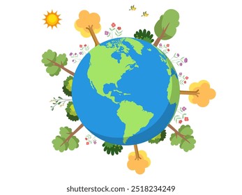 Conceito de natureza para a ecologia e conservação do ambiente. Ecossistema. Feliz Dia da Terra.  Conservação florestal CSR ESG NET ZERO. Globo mundial com árvores isoladas sobre fundo branco