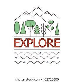 The concept of nature exploration made in linear style. Can be used for travel print or web designs (promotions, advertisement, labels, logo, badges, etc.)
