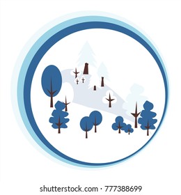 Concept nature and winter idea. Vector graphic landscape in circle.
