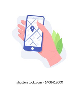 Concept of navigation, delivery on smartphone screen. Hand holding a mobile phone and indicates the location on the map. Trendy flat style. Vector illustration.