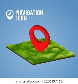 Concept of navigation icon. Isometric landscape with landmark. Concept for tourism, traveling, GPS, navigation, topography. Vector illustration