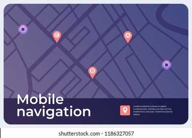 Concept of navigation system. Interactive map of city with markers. Mobile applications for tourism and travel. Vector illustration.