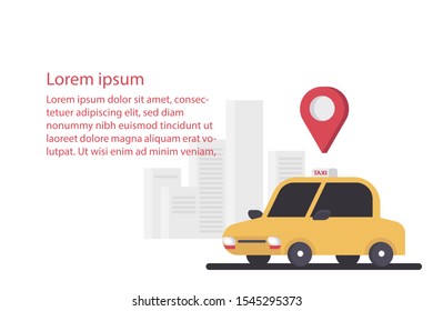 concept of navigation travel by application from taxi service, vehicle on city location with urban landscape background, wallpaper, banner, advertisement. cartoon flat vector illustration