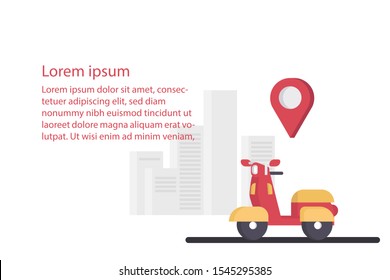 concept of navigation travel by application from motorcycle service, vehicle on city location with urban landscape background, wallpaper, banner, advertisement. cartoon flat vector illustration