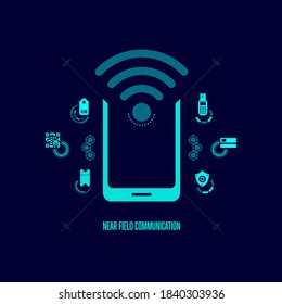 concept of near field communication or NFC, wifi sign with digital technology icons