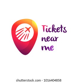 Concept near me. Geolocation pin with badge inside. Point map check location in navigation. Template logo to find travel ticket. Vector illustration. 
