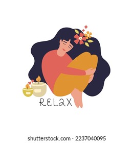 The concept of the necessary relaxation after hard working days. A young girl enjoys aroma candles. Positive psychology, positive emotions, self-care. Vector illustration.