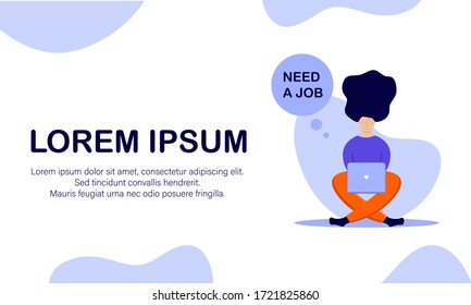 Concept need a job, vector. Girl is looking for work in a laptop, vector illustration in flat style. Unemployment, lost job from Coronavirus crisis COVID-19 outbreak.