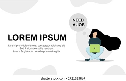 El concepto necesita un trabajo, vector. Girl está buscando trabajo en una laptop, ilustración vectorial en estilo plano. Desempleo, pérdida de trabajo por la crisis del Coronavirus brote del COVID-19.