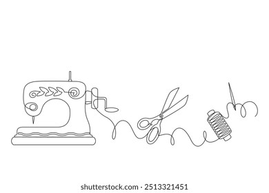 Conceito de bordado, desenho contínuo em uma linha no minimalismo. Tesoura, máquina de costura, carretel de linha, agulha. Contorno vetorial editável