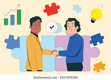 The concept of negotiating and discussing ideas. People agreed and shook hands. Two businessmen came to the same decision flat vector illustration