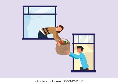 Concept of Neighbors sharing things and helping each other. Colored flat vector illustration isolated. 