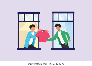 Concept of Neighbors sharing things and helping each other. Colored flat vector illustration isolated. 