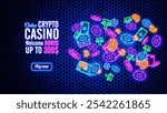 Concept neon Crypto Casino. Cryptocurrency set. Casino glowing chips,  cards, dice, tether and bitcoin icon. Crypto logo collection. Casino win banner. Vector illustration 