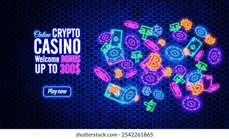 Concept neon Crypto Casino. Cryptocurrency set. Casino glowing chips,  cards, dice, tether and bitcoin icon. Crypto logo collection. Casino win banner. Vector illustration 