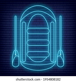 Concept neon glow style tourism equipment raft icon, river boat trip web element, vector illustration, isolated on black brick wall background.