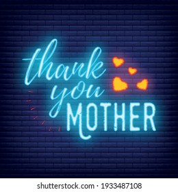 Concept neon Happy Mother's Day banner, logo, label and poster, vector illustration on brickwork background. Design of calligraphy and font greeting, wedding, celebration card.