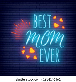 Concept neon Happy Mother's Day banner, logo, label and poster, vector illustration on brickwork background. Design of calligraphy and font greeting, wedding, celebration card.