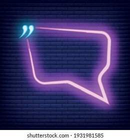 Concept neon quote blank icon and label, colorful phrase vector illustration, isolated dark brickwork background. Template for note, message, comment.