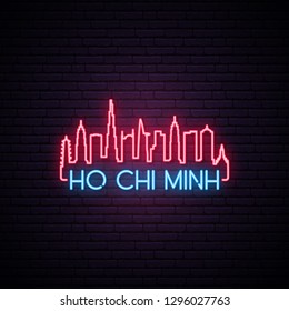 Concept neon skyline of Ho Chi Minh city. Bright Ho Chi Minh banner. Vector illustration. 