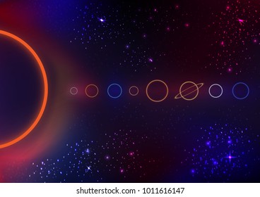 Conceito Neon Solar System estrela Galáxia
minimalismo tem sol, lua, terra, mercúrio, vênus, marte, júpiter, saturno, urano, vetor de design netune e ilustração 