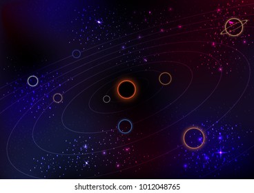 Concept Neon Solar System star Galaxy minimalism have sun,moon,earth,mercury,venus,mars,jupiter,saturn,uranus,neptune design vector and illustration