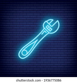 Icono de la herramienta de construcción de neón de concepto, herramienta de spanner instrumento profesional ilustración de vector de línea plana, aislado en ladrillo oscuro. Cosas de la casa de la renovación, dispositivo de fontanería.