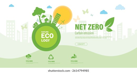 concept of net zero carbon emission in 2025, with ecological icon eco city building tree solar wind energy