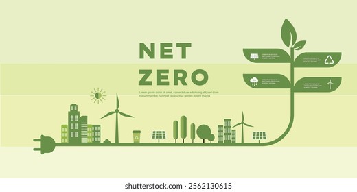 concept of Net zero carbon free city vector solar panel, wind mill, green energy ecology