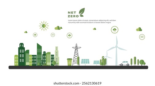 concept of Net zero carbon free city vector solar panel, wind mill, green energy ecology
