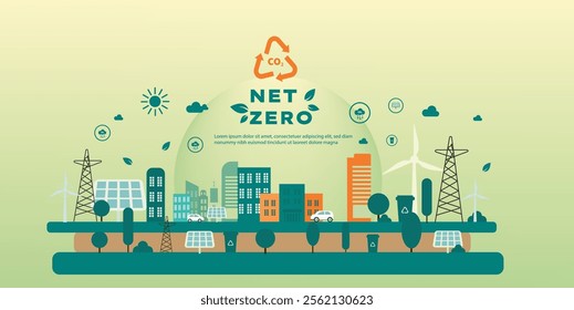 concept of Net zero carbon free city vector solar panel, wind mill, green energy ecology