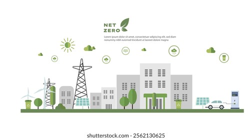 concept of Net zero carbon free city vector solar panel, wind mill, green energy ecology