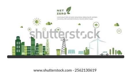 concept of Net zero carbon free city vector solar panel, wind mill, green energy ecology