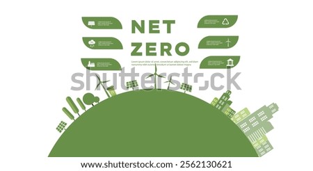 concept of Net zero carbon free city vector solar panel, wind mill, green energy ecology