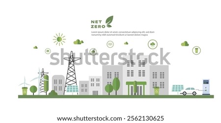 concept of Net zero carbon free city vector solar panel, wind mill, green energy ecology